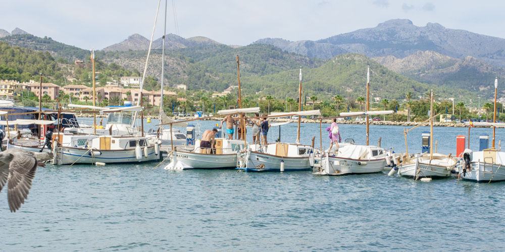 Marina Port Andratx with traditional boats puig esclop mountain background Casafari real estate search Mallorca neighbourhood guide 