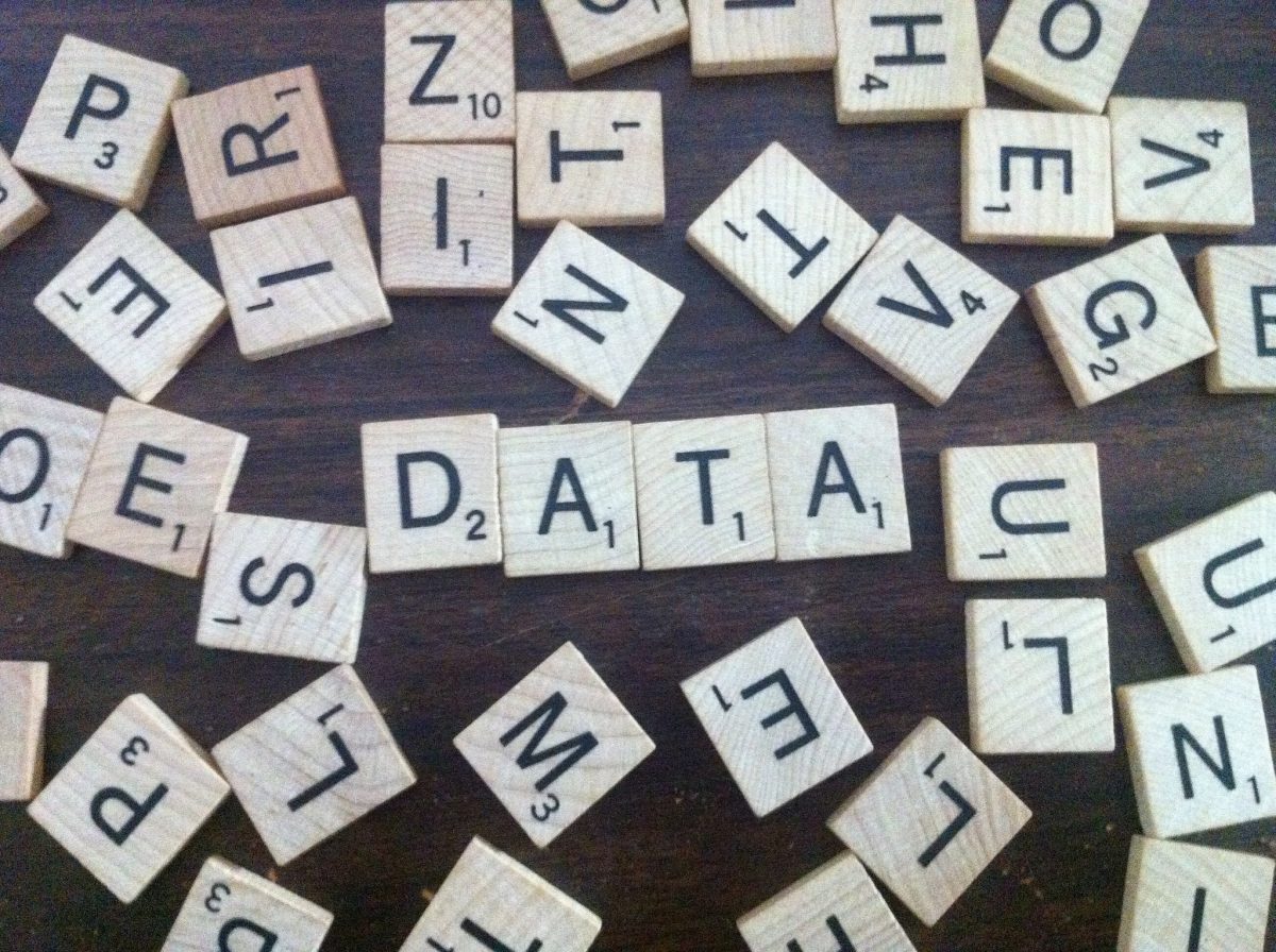 The word "data" formed in scrabble.