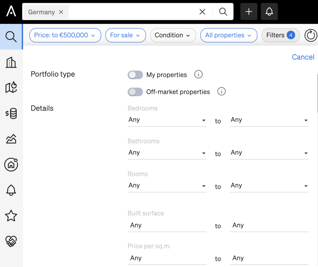 Filters inside CASAFARI Property Sourcing