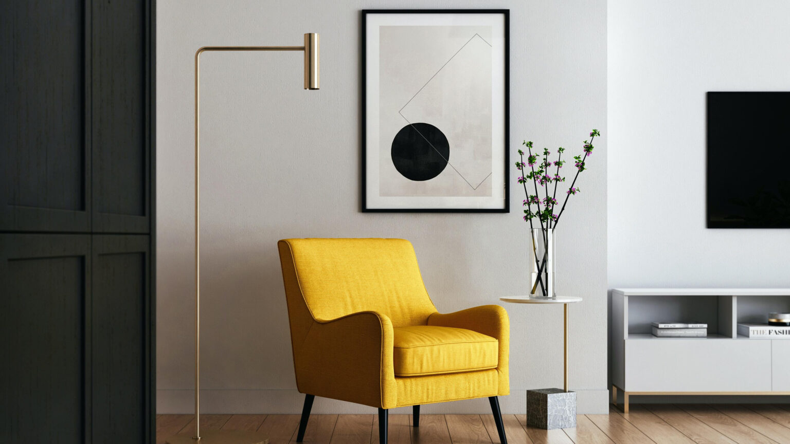 cadeira amarela numa sala decoração minimalista