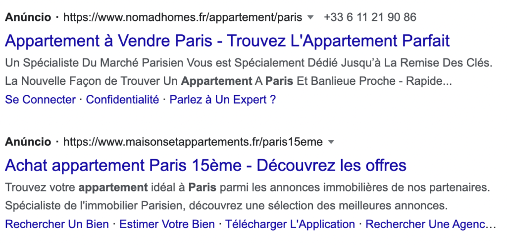 Annonces Google pour les appartements à vendre à Paris