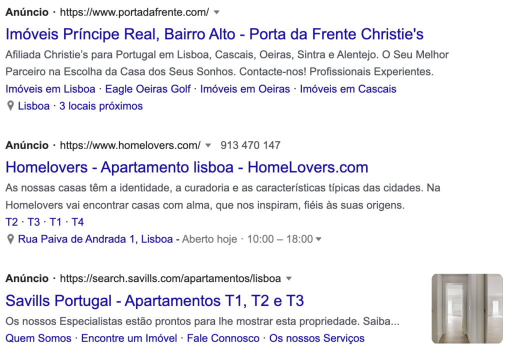 Anúncios no Google para vender imóveis em Lisboa