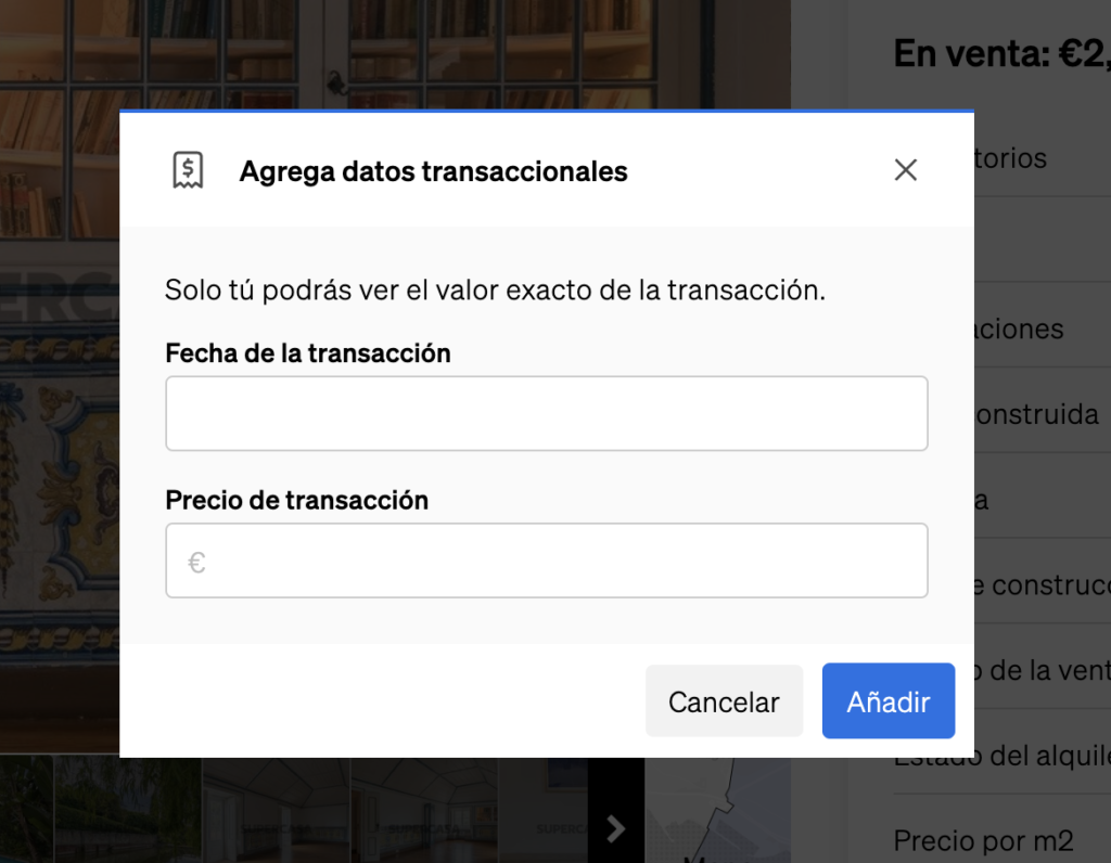 Segundo paso para añadir datos de transacciones inmobiliarias a CASAFARI