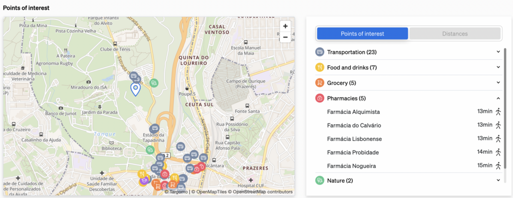 Points of interest in the surrounding areas of a property, shown inside CASAFARI