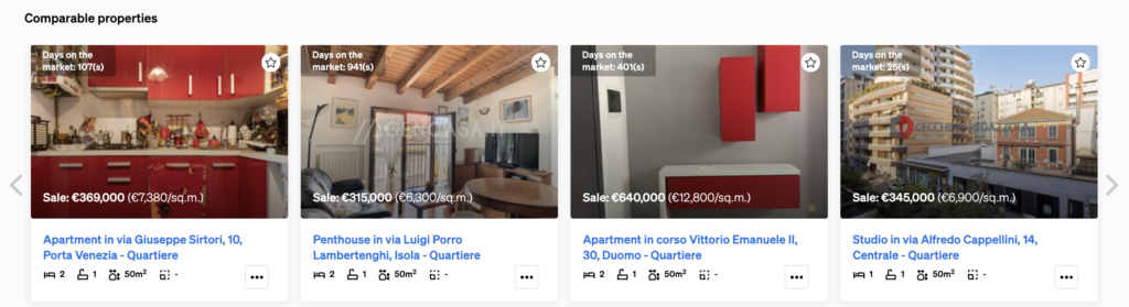 Comparable properties inside Property Page, in CASAFARI's Property Sourcing
