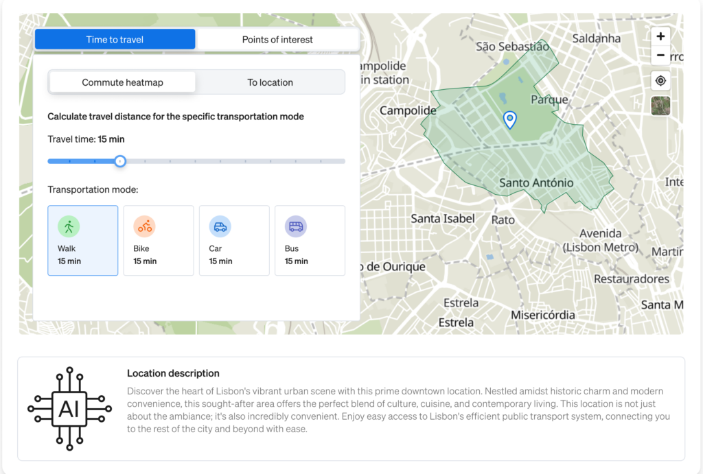 Location intelligence widget provided by CASAFARI for real estate businesses to add to their property listings
