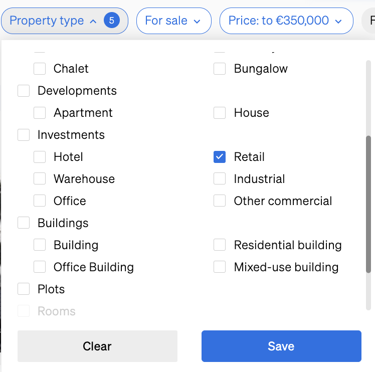 Different property types inside CASAFARI's Property Sourcing filters